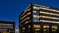 Exterior shot of Hackensack Meridian Health building at night