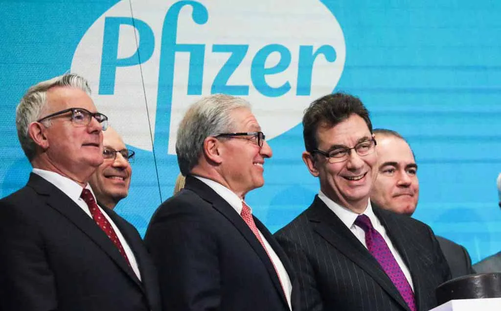 Pfizer CEO Albert Bourla rings the closing bell of the New York Stock Exchange.