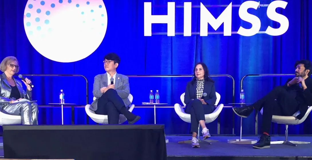 From left, Anne Snowdon of HIMSS, Wonchul Cha of Samsung Medical Center, Mona Baset of Intermountain Health and oncologist researcher Siddhartha Mukherjee.