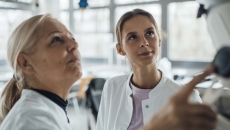 Two people in a lab use a display.