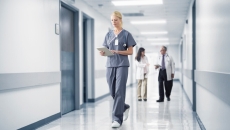 Hospital workers walk a corridor