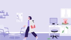 Illustration of healthcare worker walking away from desk station and money bag