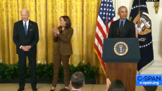 President Biden, VP Harris, and President Obama, at podium. Photo: C-Span