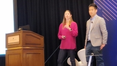 Dr. Bronwyn Harris, chief transformation officer for CareEvolution, and Dr. Matthew Sakumoto, CMIO of Sutter West Bay Region, speak at HIMSS25 in Las Vegas on Tuesday.