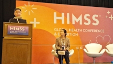 Seung Ho Lim, project manager for Samsung Medical Center in Korea, and Meong Hi Son, Samsung’s chief medical information officer and associate professor, speak at HIMSS25 in Las Vegas on Tuesday.