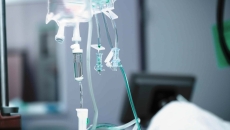 IV drip bag in hospital room