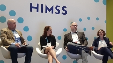 Moderator Michael Marchant, Evelyn Gallego, Ammon Fillmore and Melissa Soliz talk about interoperability and health equity at HIMSS23 in Chicago Monday.