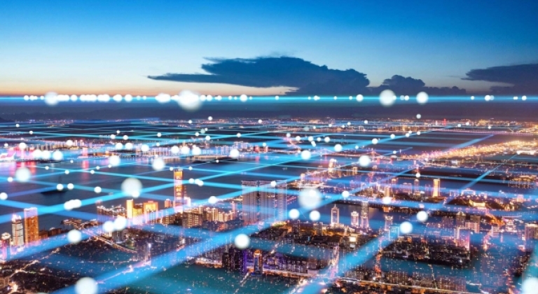 Computer networks stretching across a cityscape