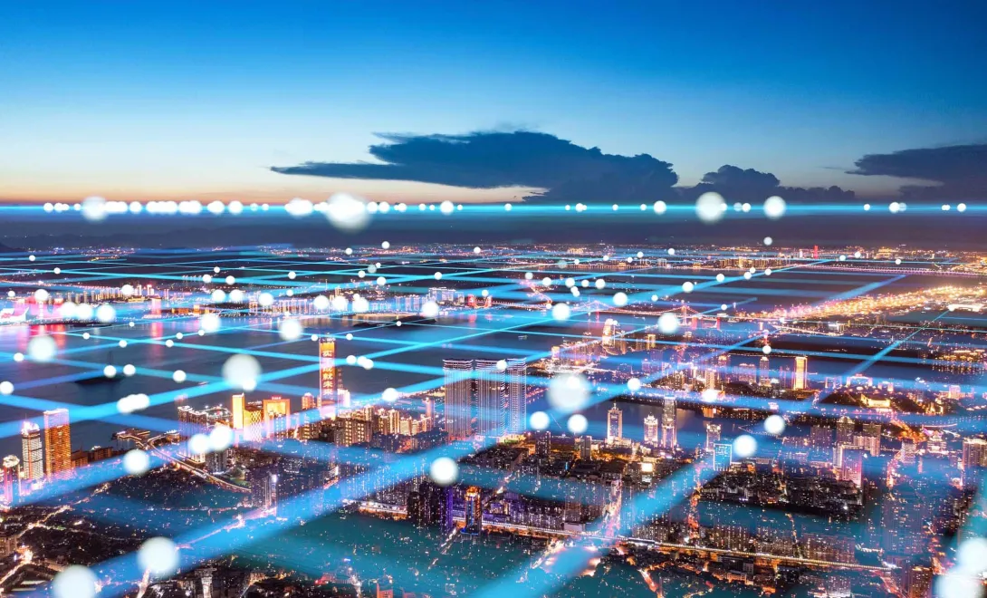 Image of interconnected systems Image of interconnected systems as a grid in the air over city blocks