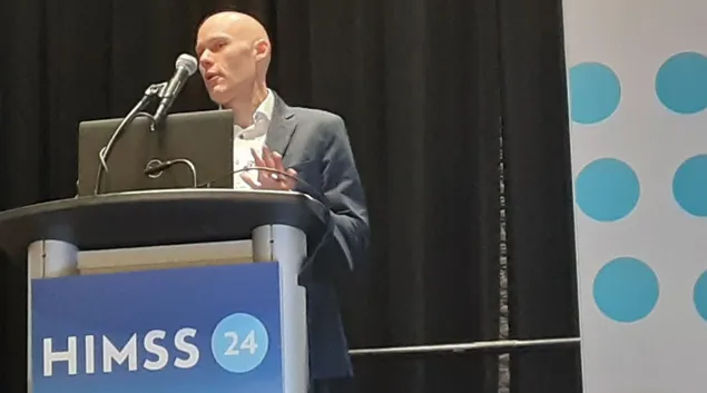 Geoffrey Roche, director of workforce development at Siemens Healthineers, speaks at HIMSS24 in Orlando Monday. Geoffrey Roche, director of workforce development at Siemens Healthineers, speaks at HIMSS24 in Orlando Monday.