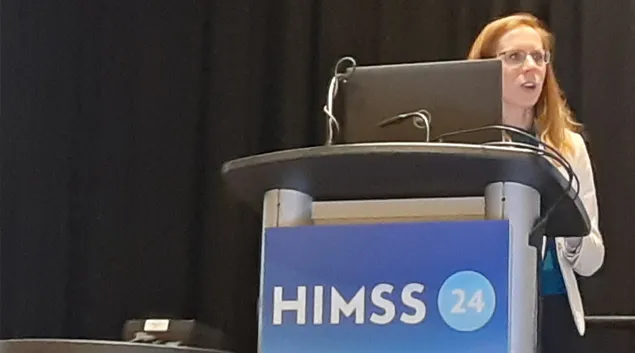 Sarah Rauzin, associate director at Health Action Alliance, speaks at HIMSS24 in Orlando Monday. Sarah Rauzin, associate director at Health Action Alliance, speaks at HIMSS24 in Orlando Monday.