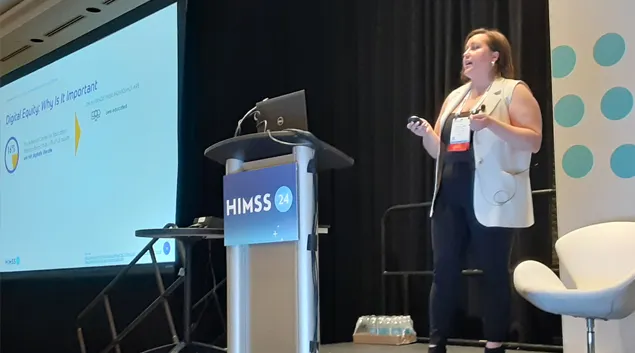 Alexandra Hunter, virtual care consultant at Henry Ford Health, speaks Tuesday at the HIMSS24 annual conference in Orlando. Alexandra Hunter, virtual care consultant at Henry Ford Health, speaks Tuesday at the HIMSS24 annual conference in Orlando.