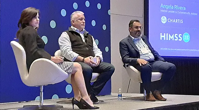 Left to right: Moderator Angela Rivera, Bill Hudson and Sonney Sapra discuss cybersecurity at the HIMSS23 global conference in Chicago on Tuesday. Left to right: Moderator Angela Rivera, Bill Hudson and Sonney Sapra discuss cybersecurity at the HIMSS23 global conference in Chicago on Tuesday.
