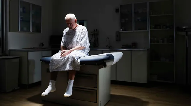 Sad patient sits on examining table Sad patient sits on examining table