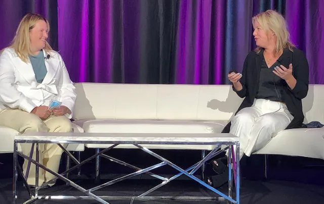 Valerie Monet of Banner Health and Kristi Roe of Medallia speak during the Patient Experience Forum at HIMSS 21 in Las Vegas. Photo: Susan Morse