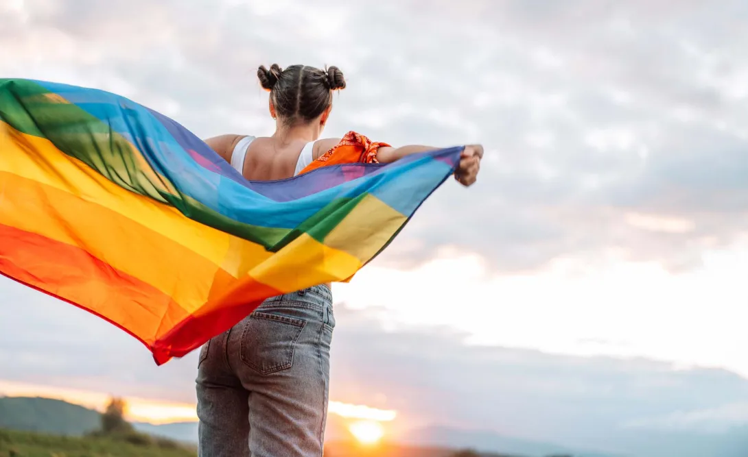 Person with rainbow flag watches sunset