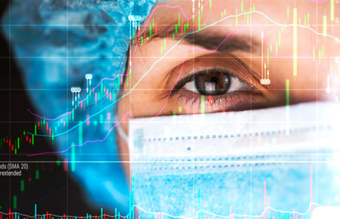 Healthcare worker in mask superimposed over data graph