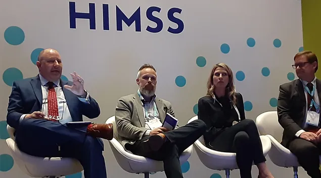 Moderator Rob Havasy, Brandon Neiswender, Ryan Argentieri and Tim Pletcher dicsuss interoperability at HIMSS23 in Chicago on Monday.