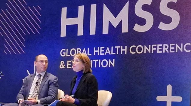 Tom Leary, senior vice president and head of Government Relations at HIMSS, and Janet Hamilton, executive director, CSTE, at the HIMSS25 conference in Las Vegas Monday.