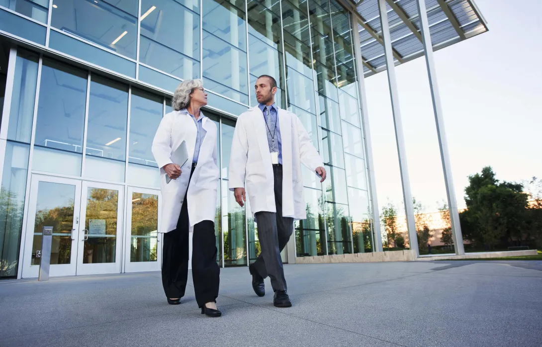 Medical professionals exit hospital. Photo: Peter Griffith/Getty Images