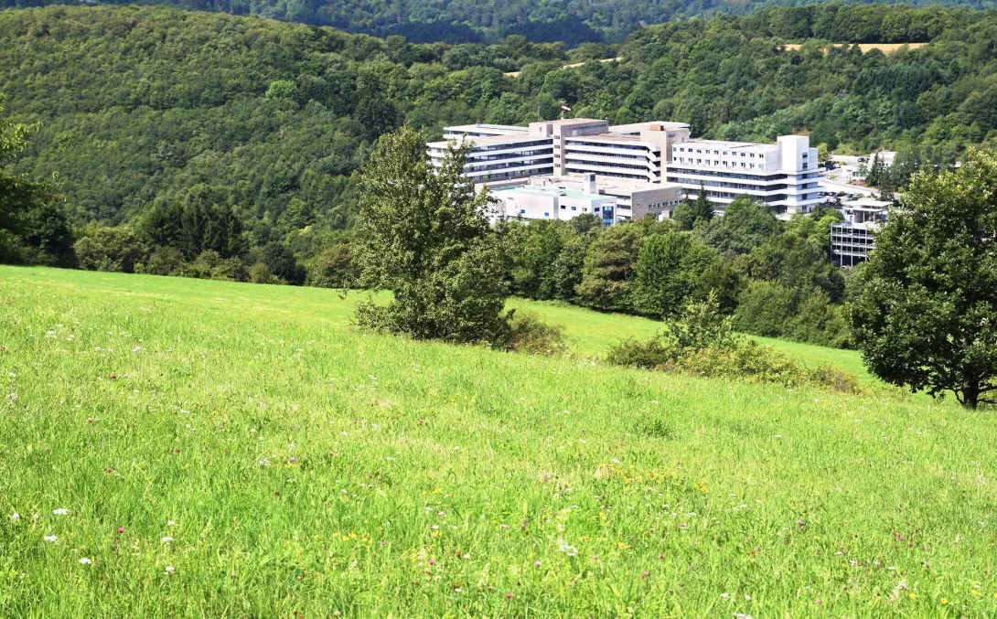 Hospital surrounded by fields and forests