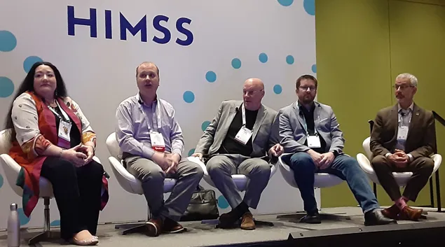 Left to right: Moderator Didi Davis, Matt Becker, John Blair, Alan Swenson and Steven Lane discuss TEFCA at HIMSS23 in Chicago on Monday.